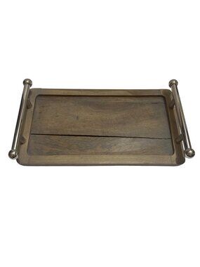 Wooden Serving Tray With Metal Handles Rectangular Design Small Size Made In Ind